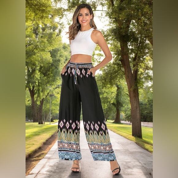 NEW Boho We Love Wide Leg Elastic High Waist Black Diamond Palazzo Pant Sz M NWT - Picture 6 of 7